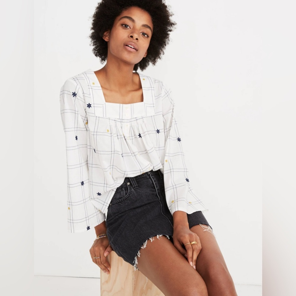 Madewell Embroidered Windowpane Square-Neck Button-Down Top